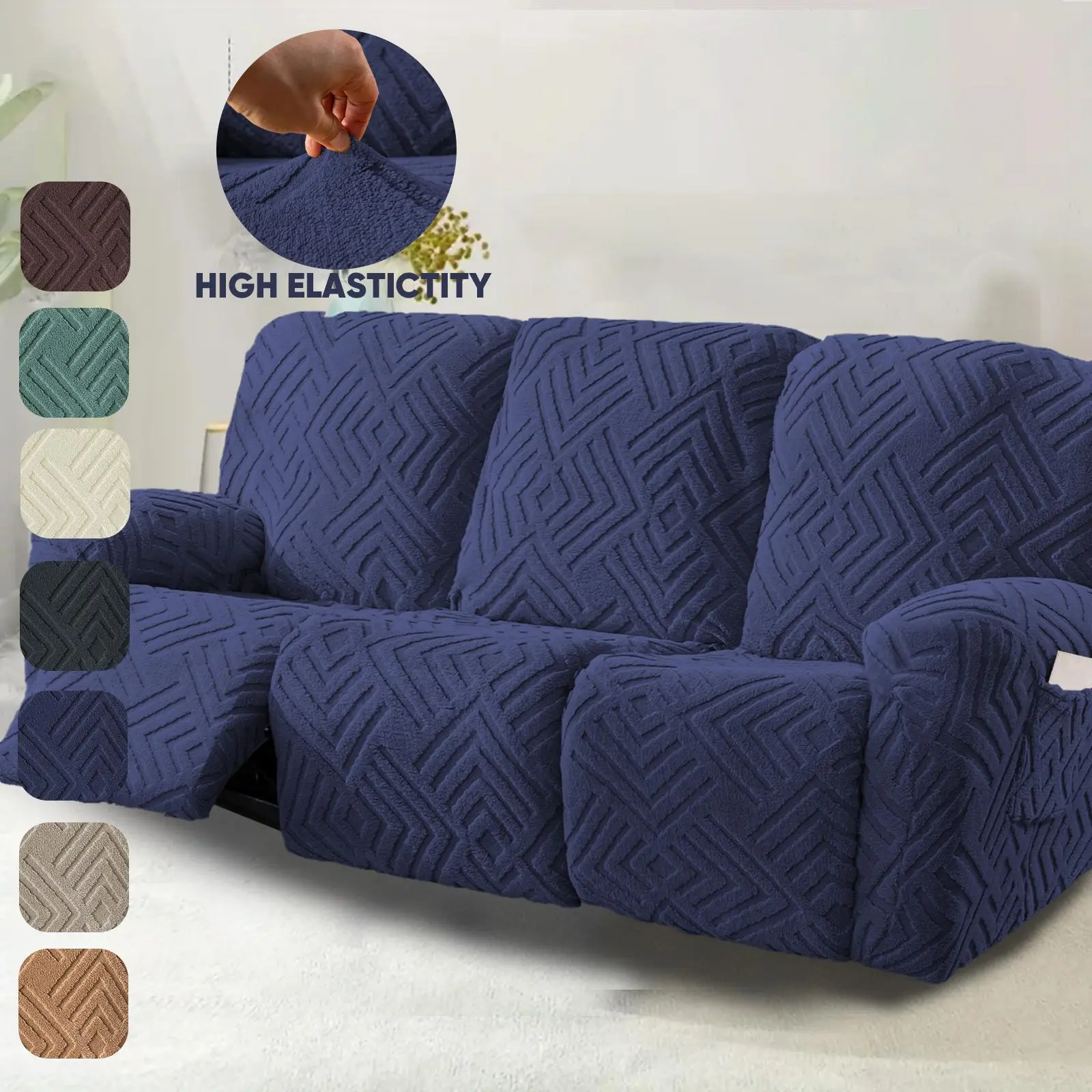 3-Seater Reclining Elastic Sofa Slipcover - High Elasticity Skin-Friendly Washable Fabric, Anti-Slip Bottom Band, Pocket, Universal Sofa Protector, Snug Fit Couch Cover, Seat Cover Solutions to Protect Your Furniture