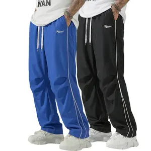 Men’s two-pack fashion casual striped athletic pants—American-style straight-leg quick-dry paratrooper pants; street-style loose straight-leg drawstring sweatpants for everyday wear, commuting, sports, fitness, and dance training. Baggy  Loose-Fit Pants