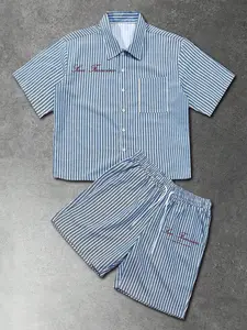Unisex Plaid Short Sleeve Shirt Matching Set, American Vintage Aesthetic Casual Loose Breathable Shirt + Drawstring Shorts, Summer Vacation Commute, Outfit