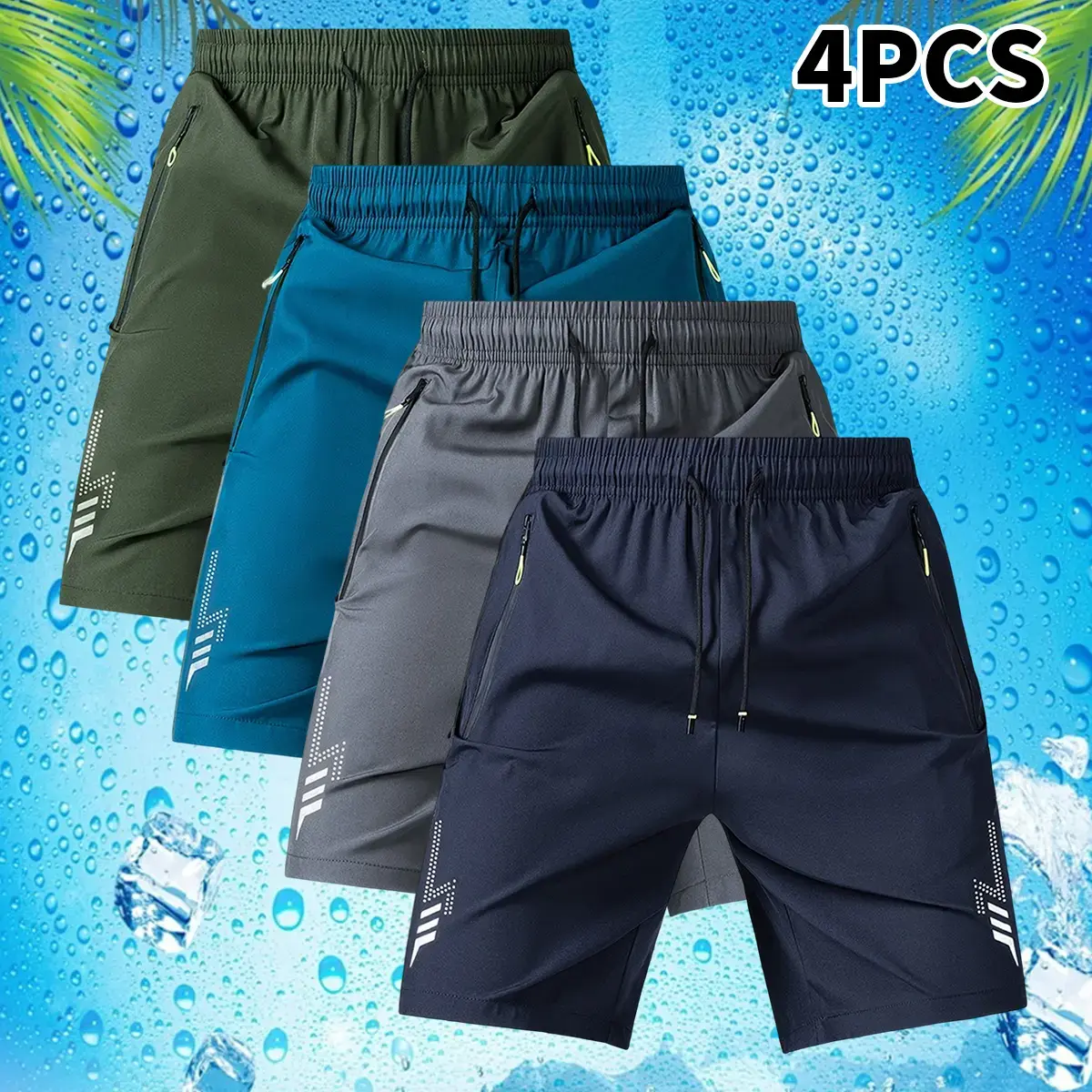 Men’s four-piece lightweight casual athletic  set featuring zippered pockets—geometric pattern design, tie waist—zippered pocket design—suitable for summer sports and leisure activities; casual  | geometric-pattern  |  with zippere Solid Breathable daily