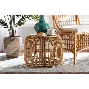 212 MAIN Natural Rattan End Table - Modern Bohemian Maverick Style, Bamboo Accents, Openwork Frame, Fully Assembled Indoor Furniture