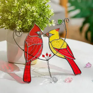 Cardinal Stained Glass Suncatcher: Window Hanging Birds on Branch, Handmade Christmas Decorations Gifts for Women for Birds Lover