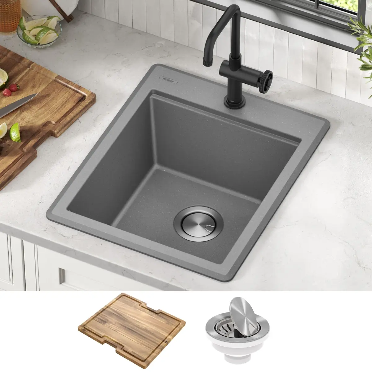 Kraus KGTW12-18MGR 18 in. Modern Bellucci Granite Composite Workstation Sink - Drop-In/Top Mount, Single Bowl, Metallic Grey, for Indoor Homeowners, with Included Kit & Accessories, Integrated Ledge