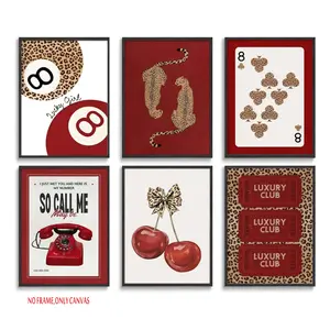 6-piece set: Stylish red leopard-print wall art set, including a cheetah wall decoration, a “Lucky No. 8” poster, and a red cherry bow canvas print. Perfect for girls' bedrooms, apartments, dorm rooms, and home decor. Frameless.