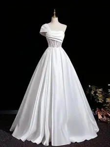 Women's One-Shoulder Sequin Lace Satin Maxi Dress, Elegant Evening Gown, Perfect for Parties and Weddings, Fashionable Formal Attire