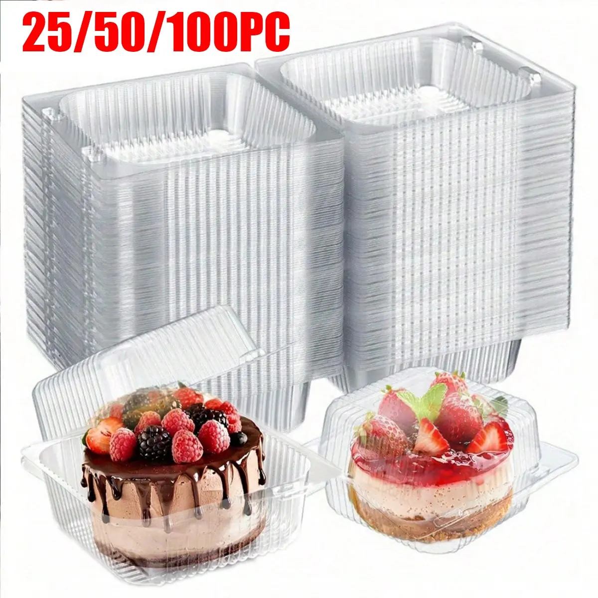 25/50/100pc square transparent clear cake boxes Bakeware, Baking Supplies, thick plastic hinge-type fan-shaped food containers with Lid, suitable for cheesecakes, egg tarts, mousse, cupcakes, and covered snack packaging boxes