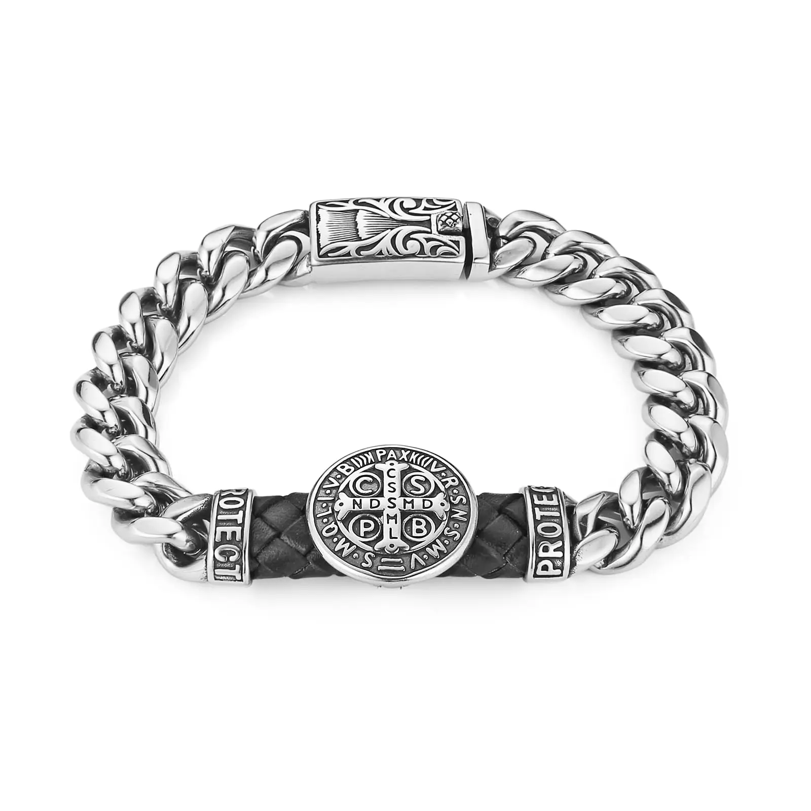 HZMAN 8.5Inch Cuban Chain Bracelet Classic Heavy Stainless Steel Bracelet for Men Biker St Benedict Cross Medal Link Bracelet Jewelry Gift