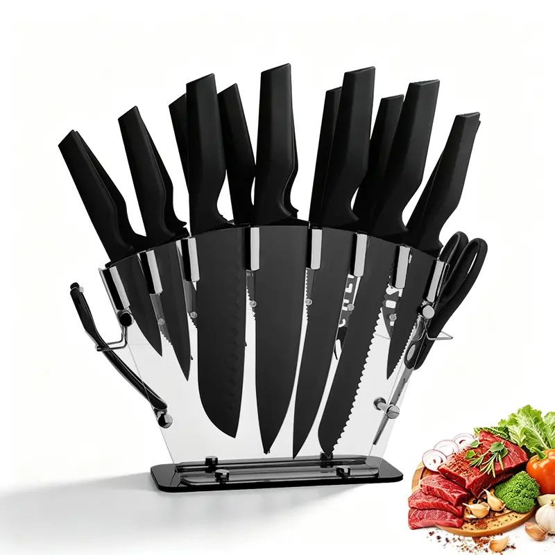 19-Piece High Carbon Stainless Steel Kitchen Knife Set, Ultra Sharp Cutlery with Chef Knife, Bread Knife, Serrated Steak Knives, Kitchen Scissors, Sharpening Rod & Acrylic Knife Block, All-in-One Knife Storage Kit