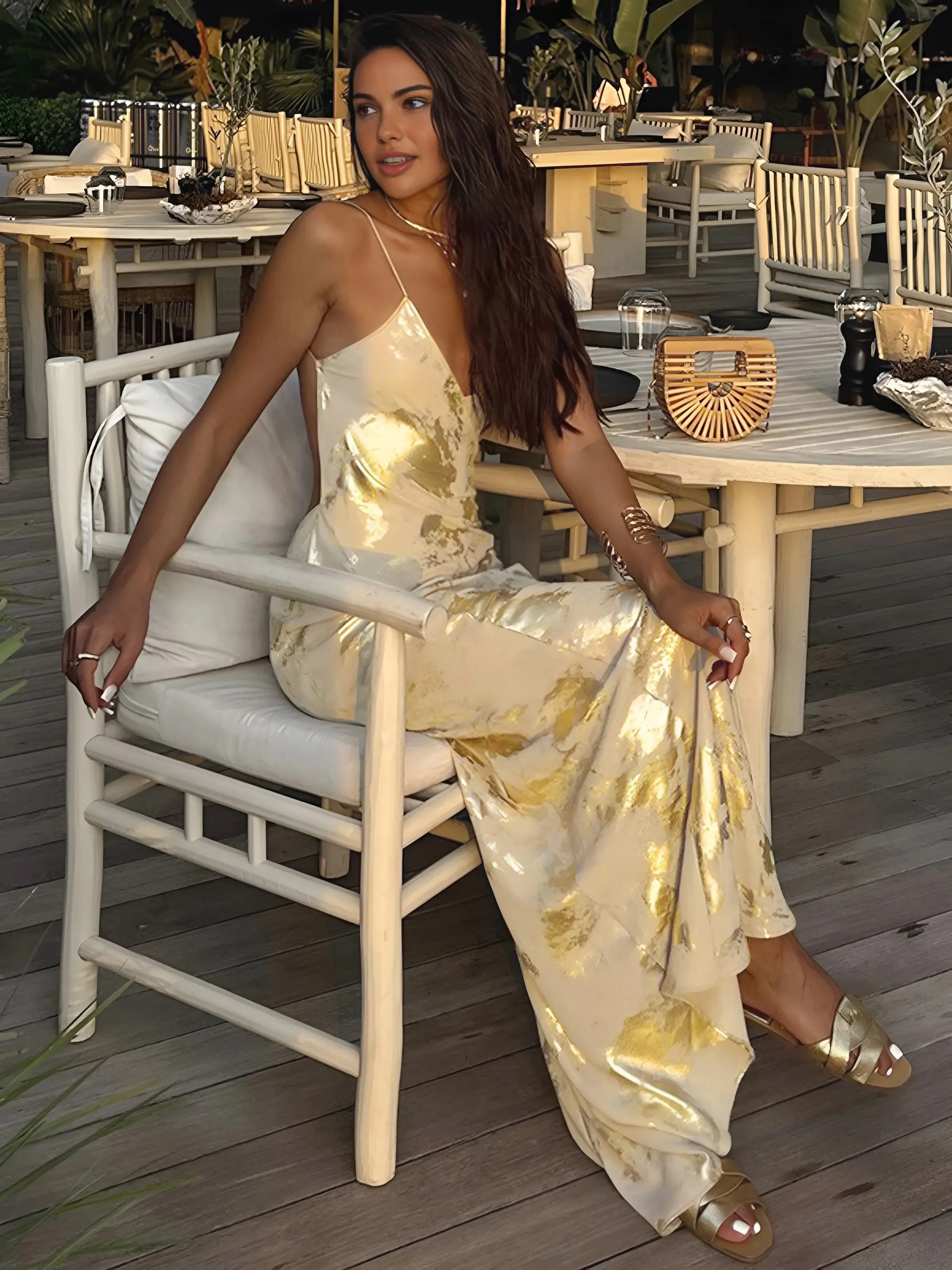 Women's Metallic Print V-Neck Backless Spaghetti Strap Sleeveless Long Slip Dress, Casual Lady's Party & Daily Wear Dress, Open Back, Printed Pattern