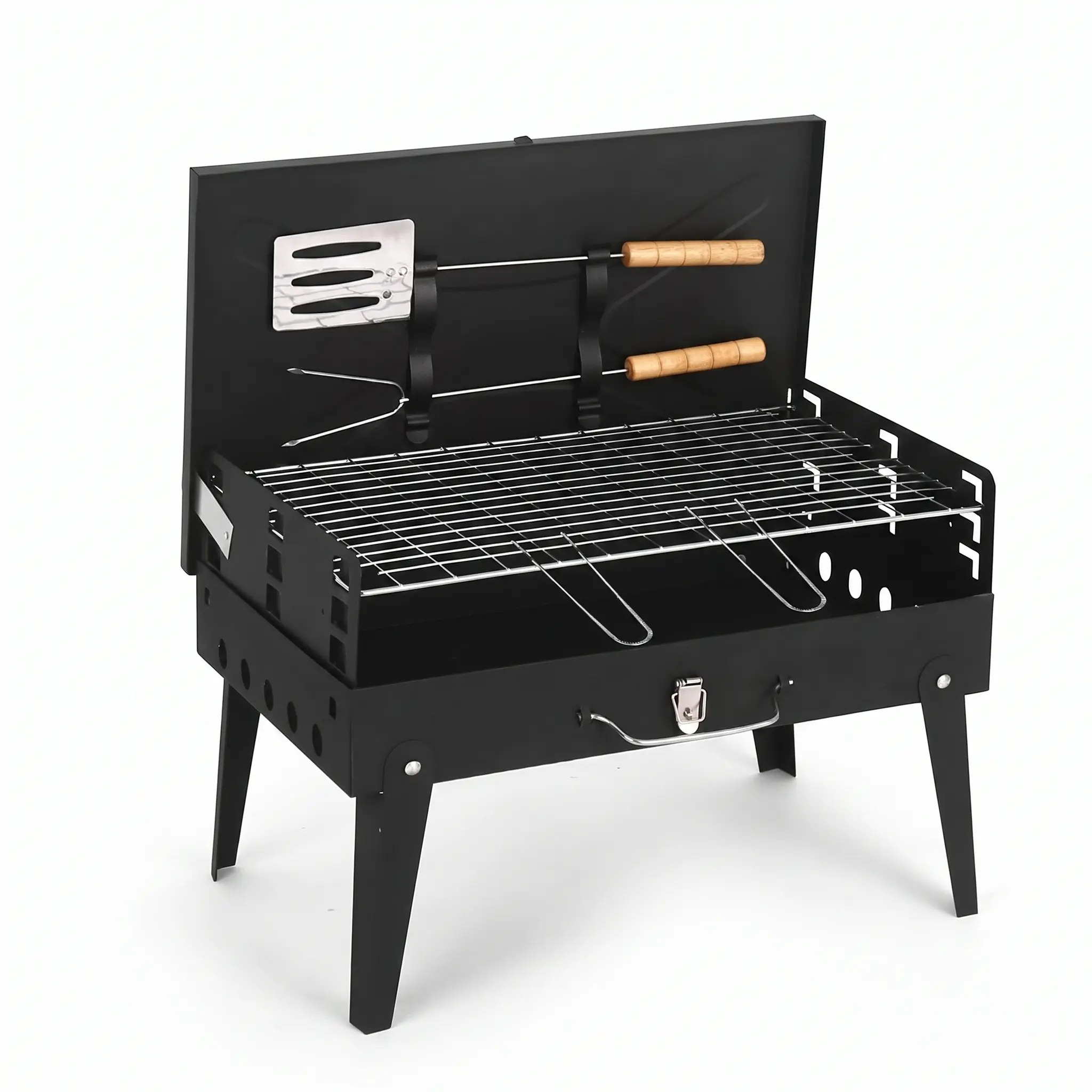 17" Portable Folding Stainless Steel Charcoal Barbecue Grill, Equipped with Spatula & Fork, Practical Outdoor Cooker for Camping, Backyard Use Bbq Pit Tabletop Bbq