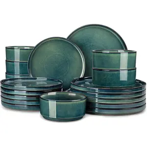 Plates and Bowls Sets for 6, 18 count Green Dinnerware Sets for Kitchen, Modern Stoneware Dishes Set, Dishwasher and Microwave Safe, Series Starry