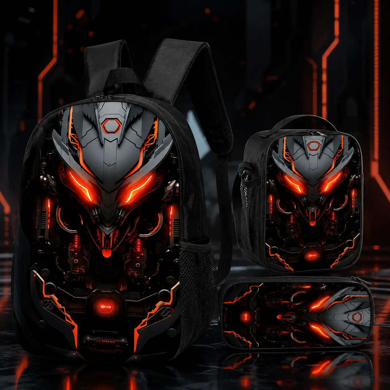 Cyberpunk Mecha Backpack for Boys 3 in 1 School Bag Set with Insulated Lunch Box Pencil Case Cool Futuristic Gaming Bookbag Lightweight Waterproof Kids Teen Student Shoulder Travel Daypack (Black Red)