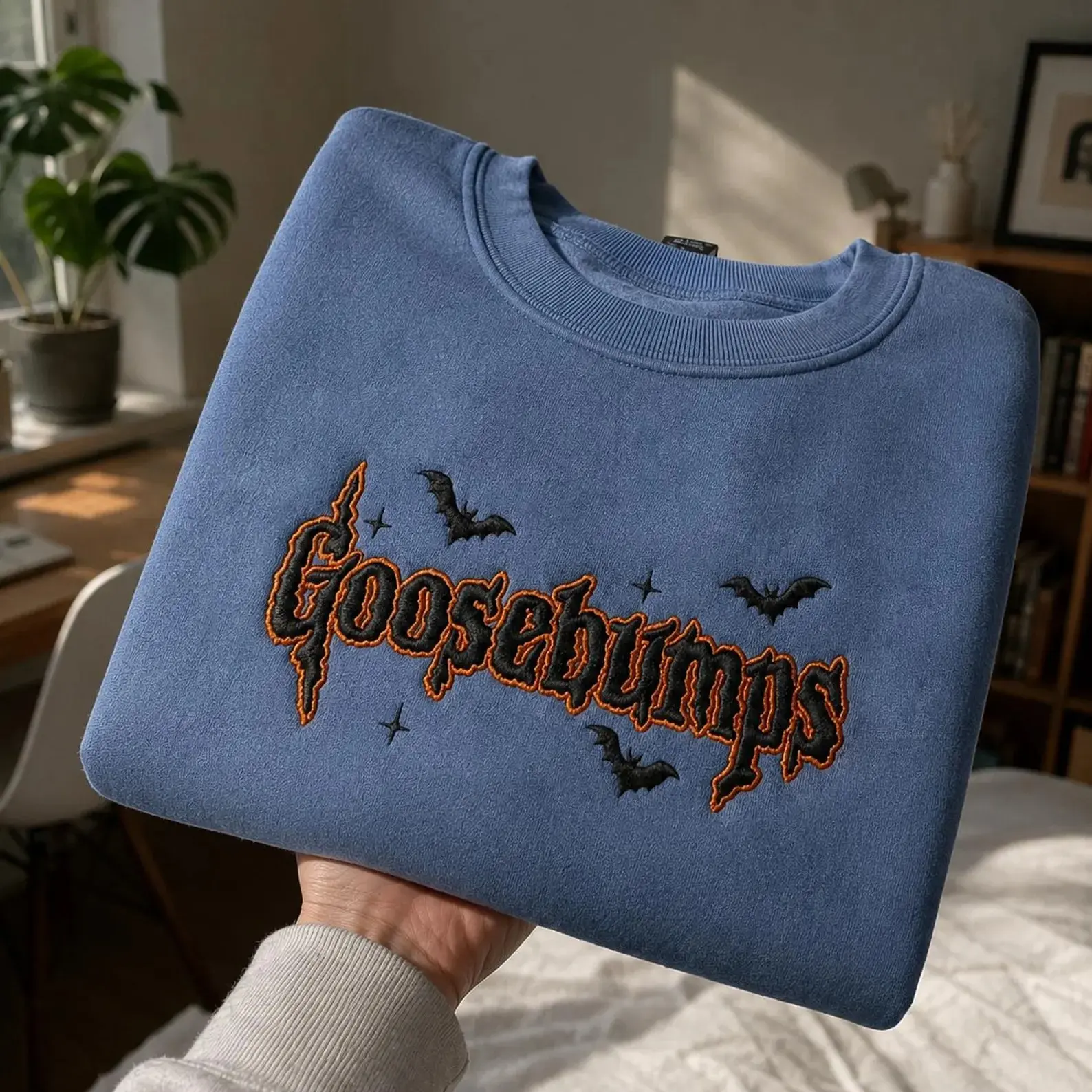 [MADE IN US] Goosebumps Embroidered Sweatshirt, Spooky Season Crewneck, Cute Halloween Bats Hoodie, Retro Fall Aesthetic Gift