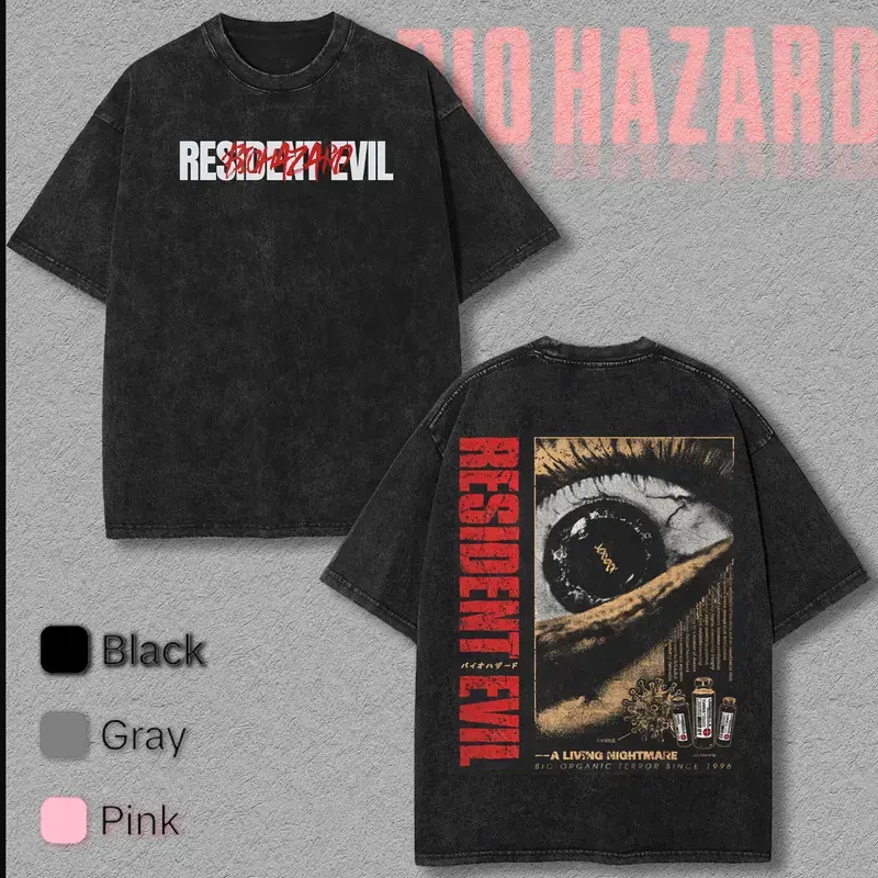 Resident Evil [1996] T-Shirt, Nightmare/Umbrella Corp, Washed Cotton T-shirt unisex graphic tees game anime manga movie Menswear Casual gamer merch t-shirt Clothes Top