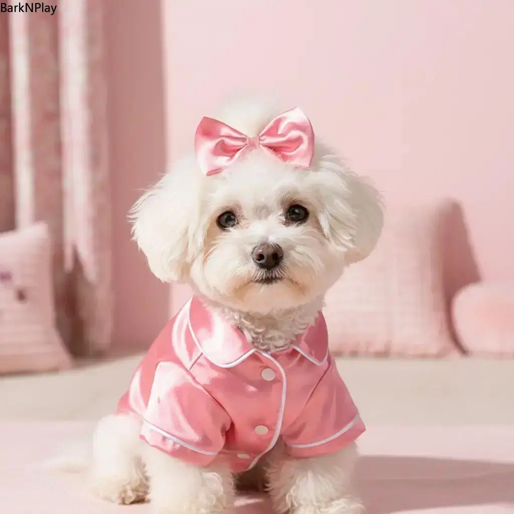 Cute Animal Clothing, Soft Silk Pajama Set with Bow Headband for Small Dogs, Puppies & Cats, Pink Night Wear, Cozy, Sleepwear, Comfortable Rest, Night Sleep, 1 Set, Puppy Clothes, Outfits, Animals, Extra Small, Adorable Design, Includes Bow Headband, Rest