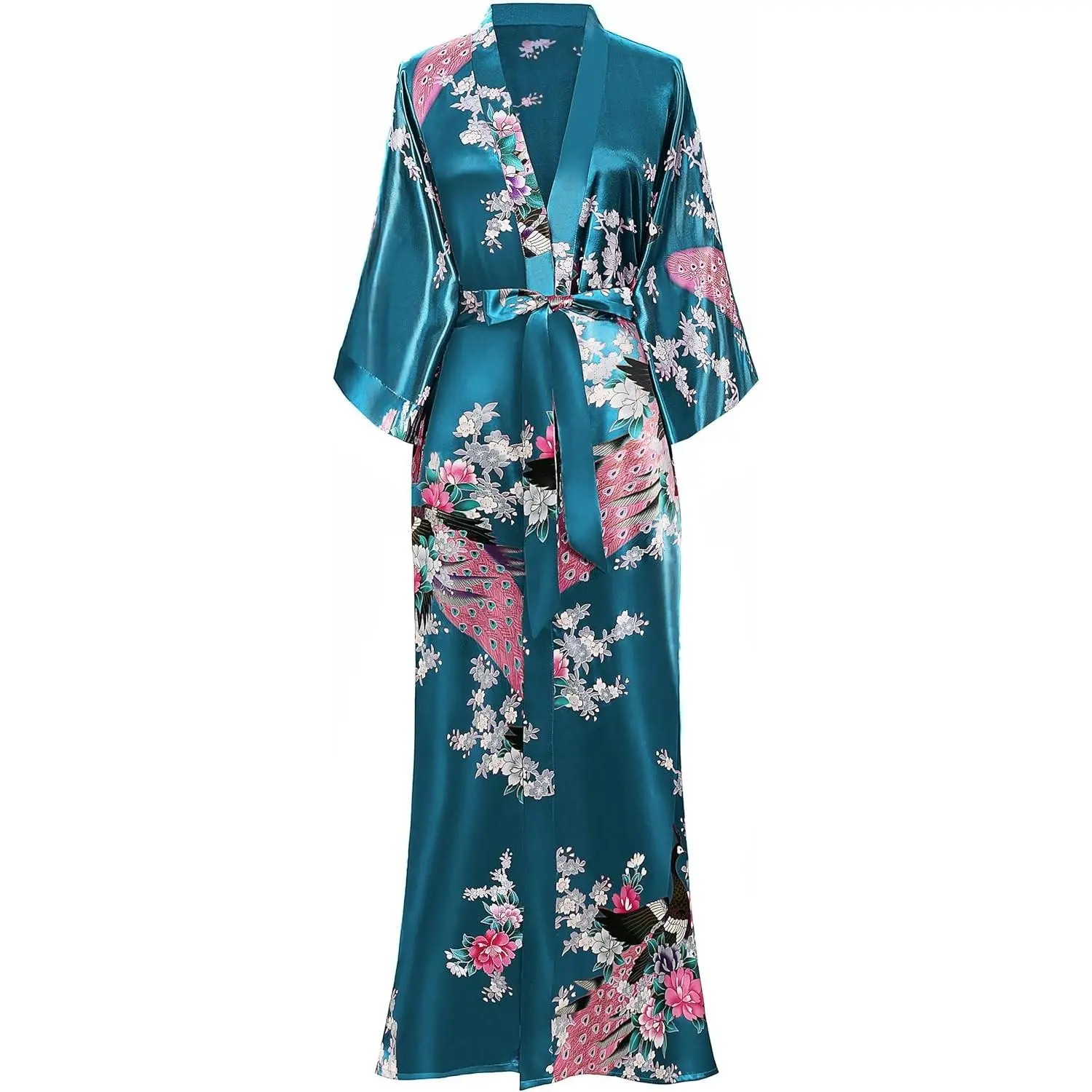 Women's Kimono Robe Long Satin Robes with Peacock and Blossoms Printed Kimono Nightgown | Silky, Floral Pattern, Sash Tie Closure, Ankle Length, Wedding Party Wear, Sleepwear, Nightgown, Lounge Clothing