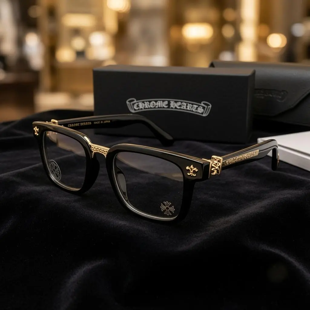 Chrome Hearts Black Optical Eyeglasses Square Acetate Frame Silver Cross Detail Unisex Eyewear
