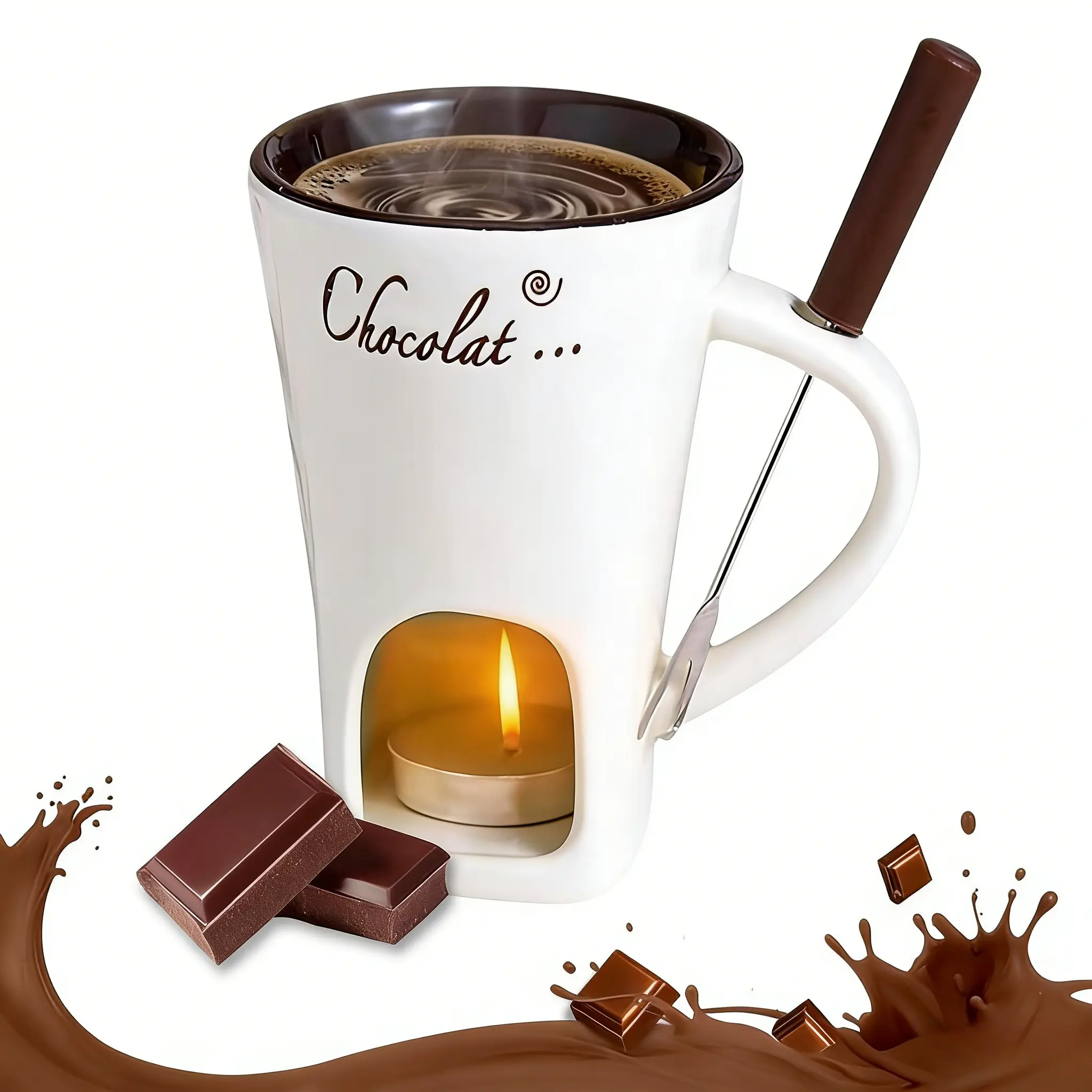 Multifunctional Ceramic, Porcelain Chocolate Fondue Set with Fork - White Non-Stick Melting Cup, Compact Portable, Ideal for Chocolate/Cheese/Caramel, Durable Easy-to-Clean, Compatible with Paraffin, Wax, Gel & Oil, Romantic Gift for Date/Birthday/Wedding