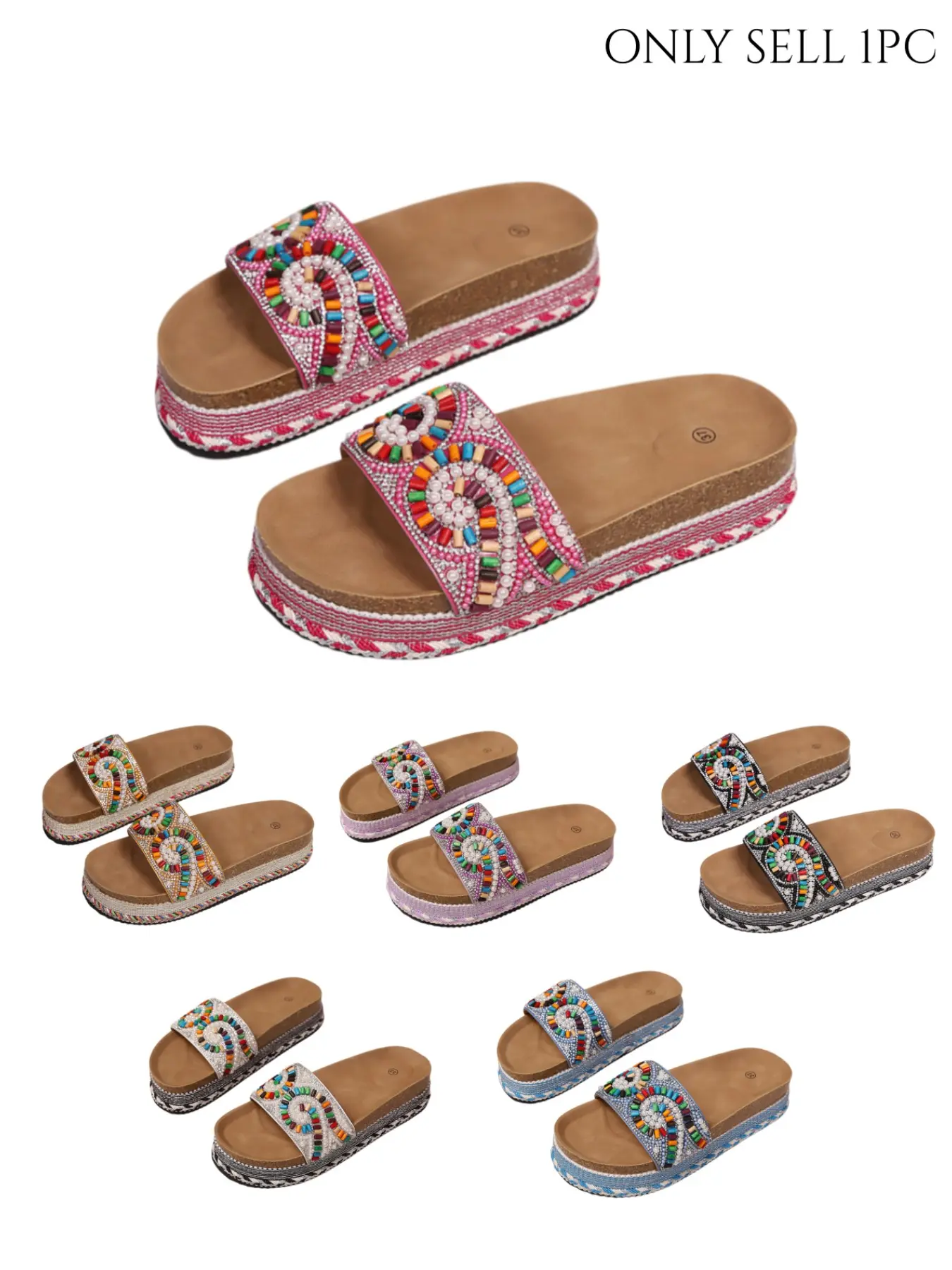 Summer New Bohemian Style Beaded Thick Sole Slippers, Multi-Color Ethnic Soft Wood Bottom Sandals, Comfortable and Stylish Footwear, Summer Slide Slippers