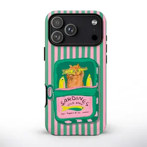 Whimsical Sardine Cat Phone Case, Funny Italian Summer Striped Cover, Colorful Coastal Phone Case for iPhone 17 16 15 14 13 12 11, Samsung S25-S21, Preppy Aesthetic Girly, Gifts for Her Girlfriend Women