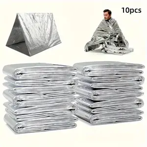 Emergency Thermal Blanket, 10pcs Silver Foil Survival Blanket Kit for Outdoors, Camping, Hiking, Homeless, First Aid, Fireproof Blanket, Emergency Survival Supplies, Emergency Survival Gear
