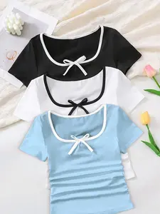 A 3-piece set of solid color casual short sleeved T-shirt, Cute Basic Tee, for young girls, decorated with bow tie on the front chest, knitted fabric, versatile for all seasons, machine washable and dry cleanable