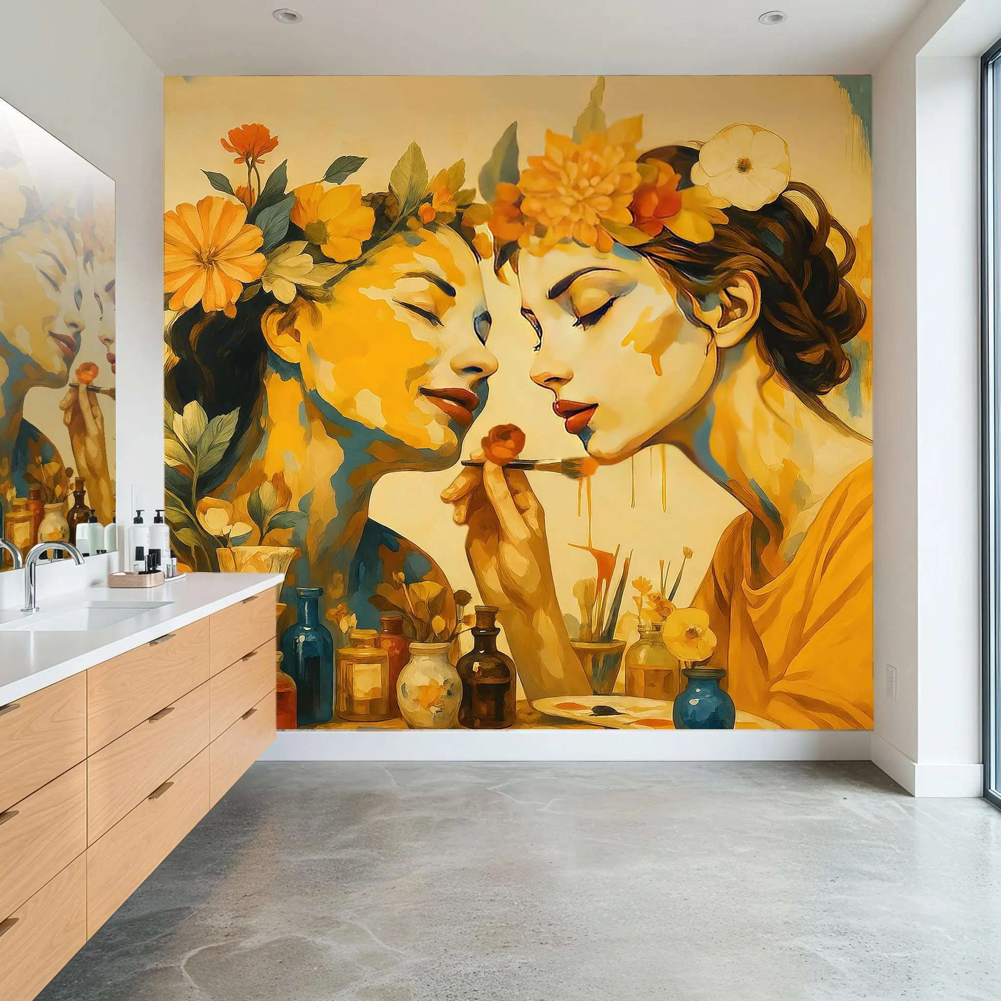Floral Portrait Peel and Stick Wallpaper - Abstract Art Mural for Salons, Studios & Boutiques - Removable, Easy to Apply