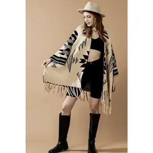 Aztec Fringed Ruana Poncho Sweater Cardigan