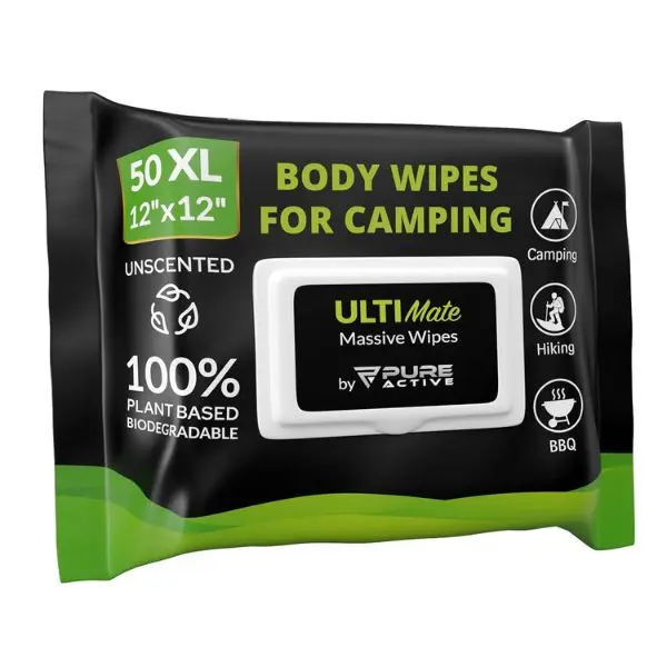 Body Wipes for Camping 50 XXL Camping Wipes 12''x 12'', Shower Body Wipes for Camping, Body and Face Wipes, Biodegradable Personal Hygiene Body Cleansing Wipes for Women Men Kids Elderly Travel