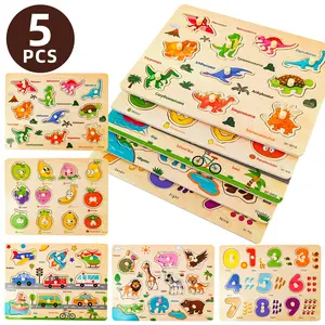 Children's Number Fruit Vehicle Animal Dinosaur Hand Grabbing Puzzle Set, 5-piece Wooden Wooden Peg Puzzles, Funny Educational Toy for Kids, Color & Shape Recognition, Birthday Party Christmas New Year Gifts for Boys Girls, Montessori Puzzles Gift