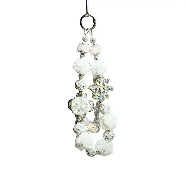 Luxury Handmade Pearl-Rhinestone Flower Cellphone Lanyard, White Fancy Wristlet Mobile Phone Charm Accessory