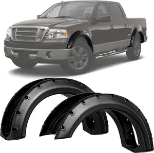 YITAMOTOR Fender Flares Kit Compatible for 2004-2008 Ford F150 Styleside, 2006-2008 Lincoln Mark LT, Dura-Flex Material Smooth Black Finish Front Rear Wheels Pocket Rivet Style Chrome Eyebrow Headlight Trim Cover
