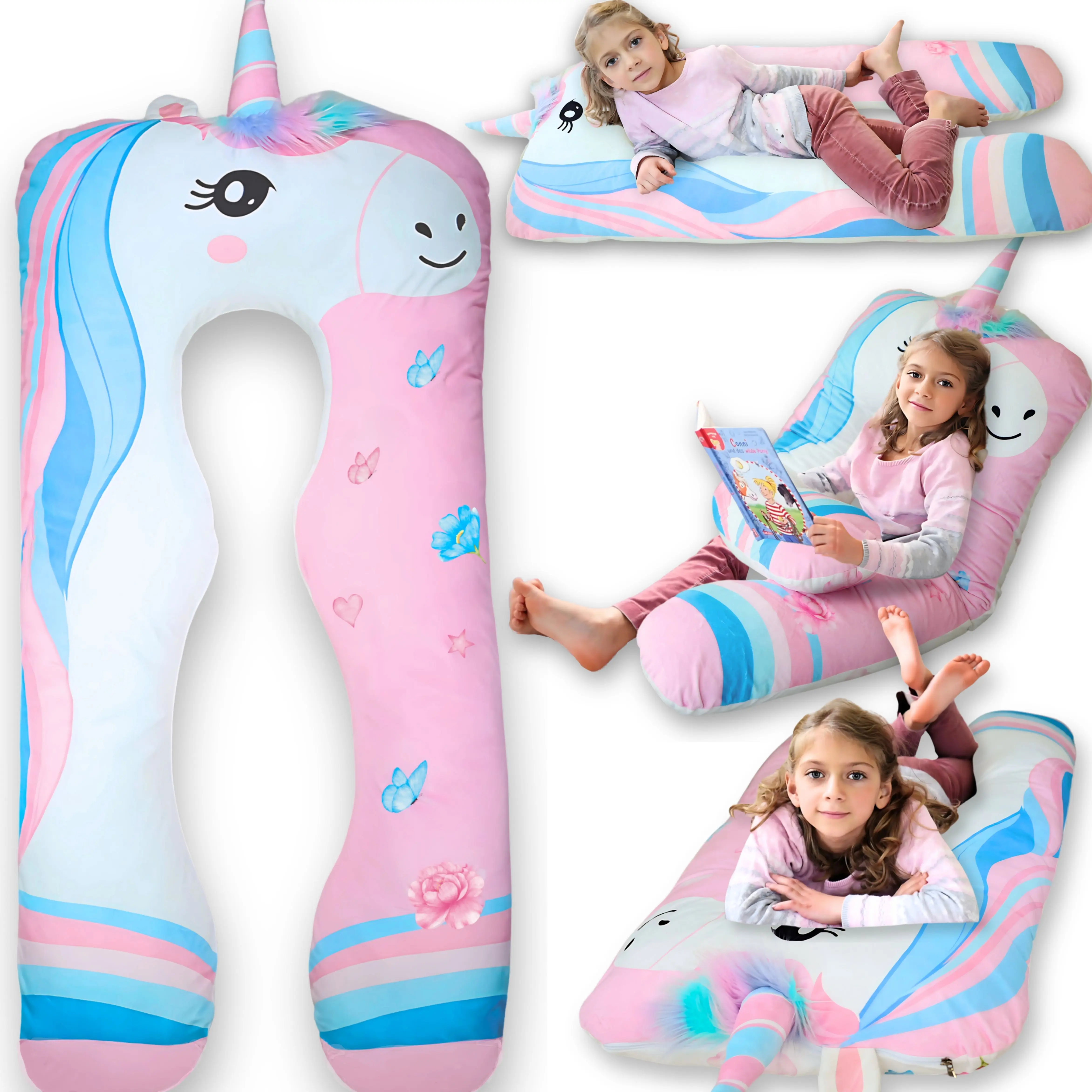 LUNAMIRA Unicorn Kids Body Pillow - 47" U-Shape Long Plush Soft Animal Pillow for Kids, Sleeping, Reading, ADHD & Special Needs Comfort, Anxiety, Washable Cover, Snuggle Fun Cuddle Gift for Boys & Girls