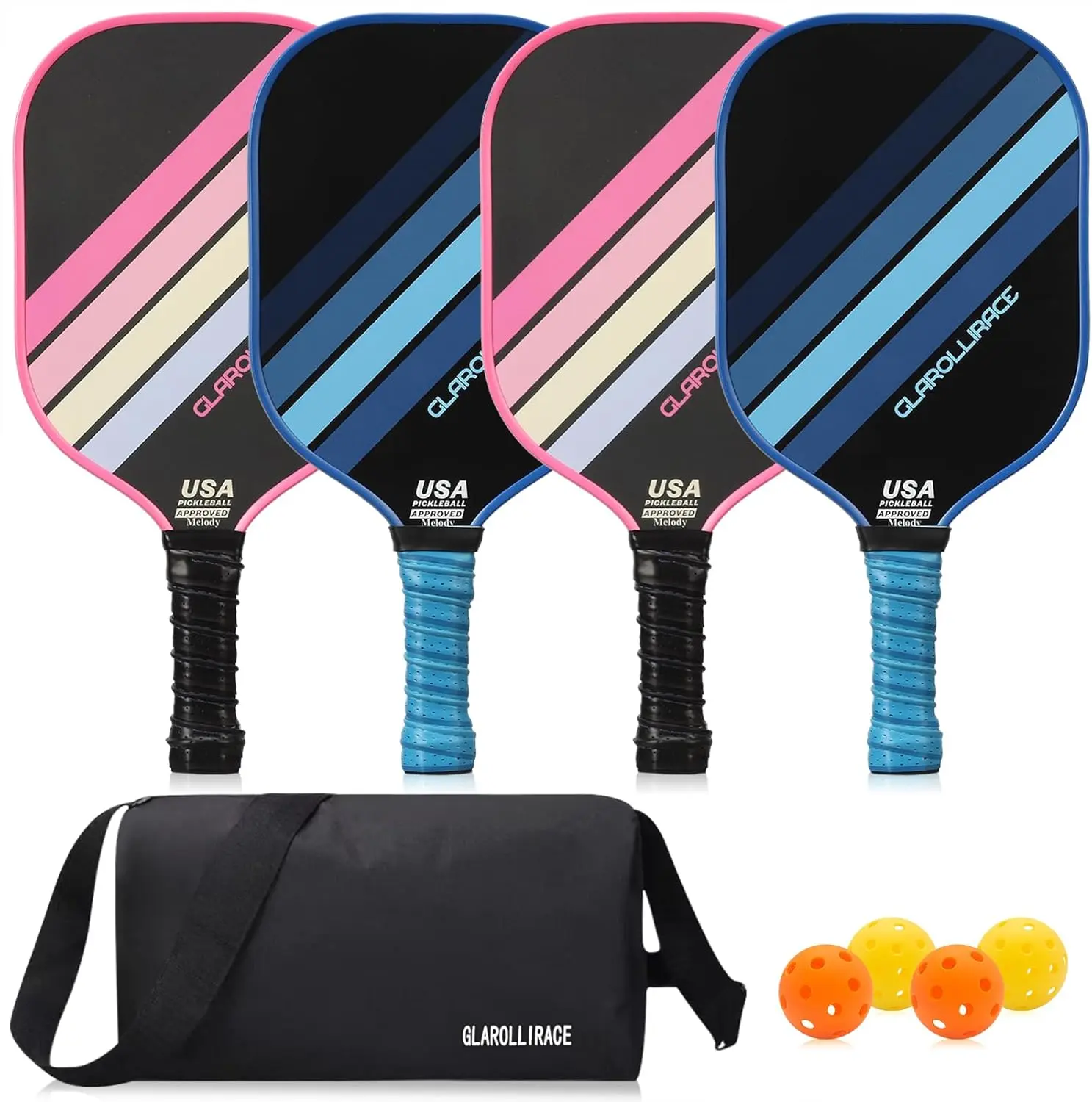 Glarollirace PRO Pickleball Paddles Set of 4 Fiberglass Pickleball Rackets,4 Ball,Carrying Bag | USAPA Approved