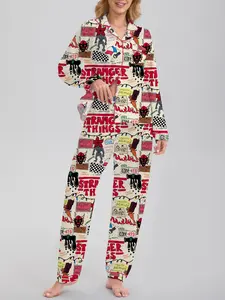 Stranger Things Women's Long Sleeve Sleepwear Set, Movie Character Print, Elegant Casual, Comfortable Lapel Top & Wide Leg Pants
