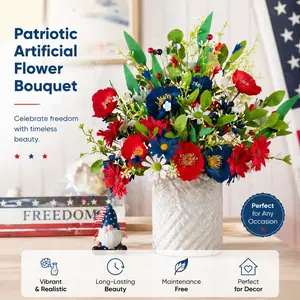 4 Bundles Patriotic Silk Flowers Bouquet, UV Resistant Red White and Blue Outdoor Artificial Plants, Memorial Day Grave Vase Floral Tribute, Weatherproof July 4th Decorations for Porch & Home