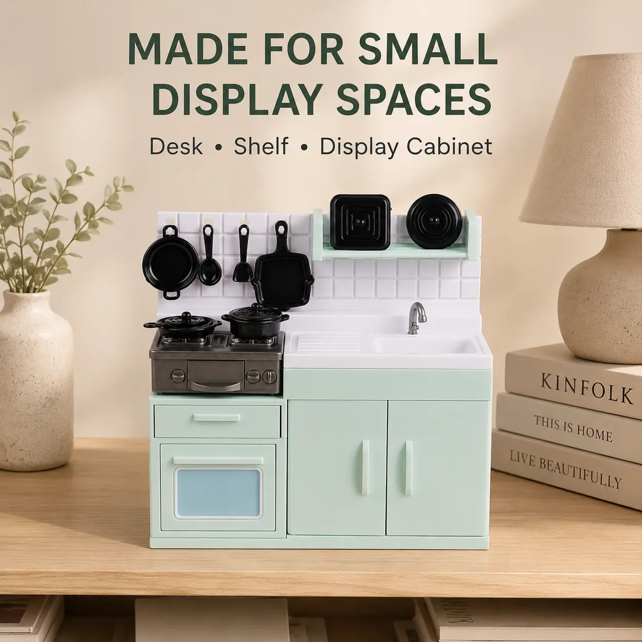 Miniature Kitchen Display Set, 5.35 in Desktop Decor with Openable Cabinets and Removable Cookware Accessories