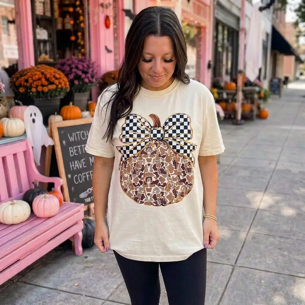 Outdoor Theme Printed Pumpkin Checker Bow - Fall Season Graphic Tee Top Womenswear