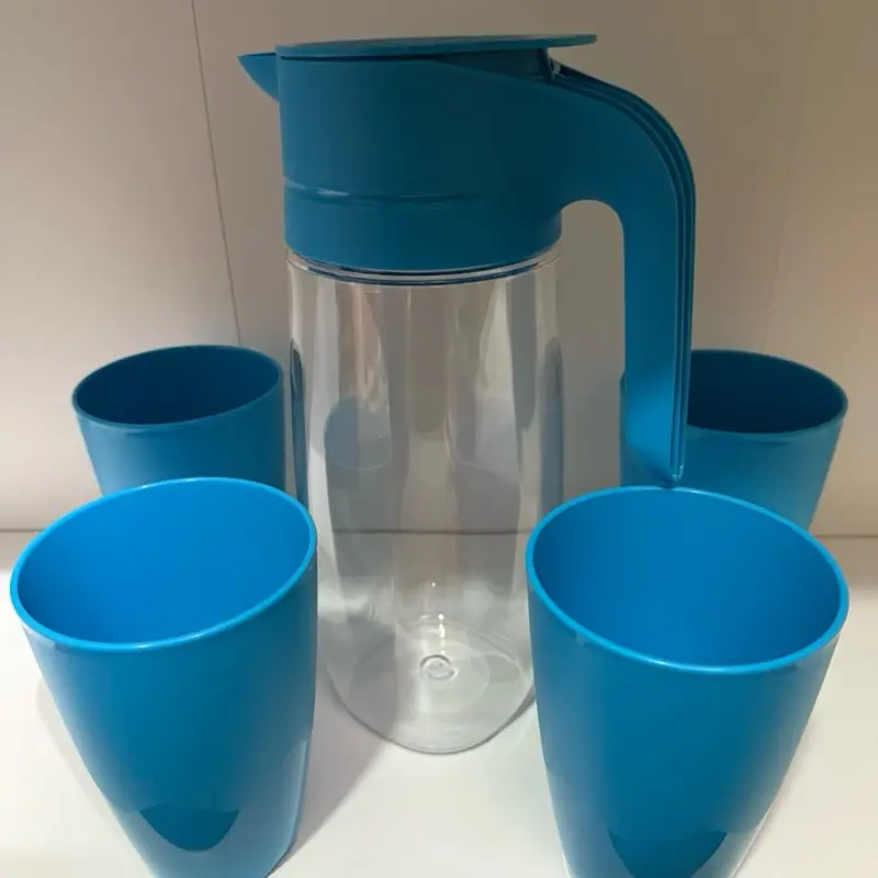 Vintage Kitchen Drinkware Set - 1.7L Jug Pitcher with Vibrant Blue Lid, Floresta 4-Piece 525ML Tumblers
