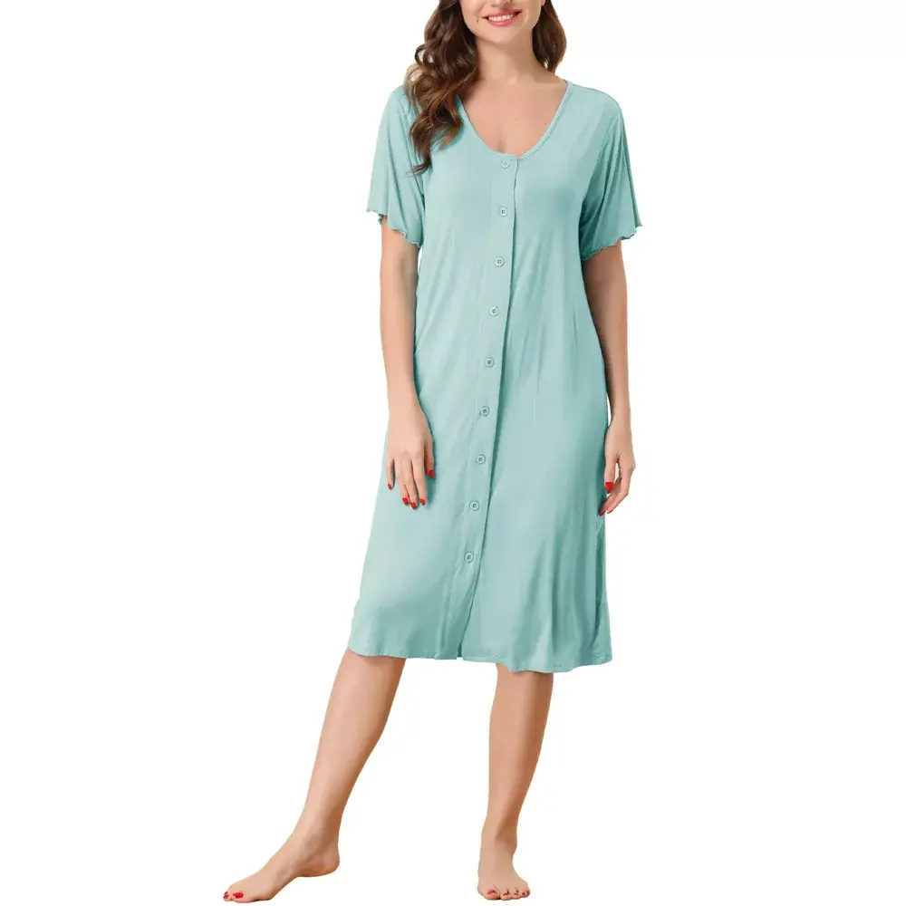 CHEIBEAR Women's Nightgown, Casual Button Down Short Sleeve Sleepshirt in Soft Rayon Spandex, Cozy Loose Fit Nightwear for Party