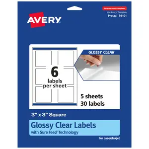 Avery Glossy Clear Square Labels with Sure Feed, 3" x 3"