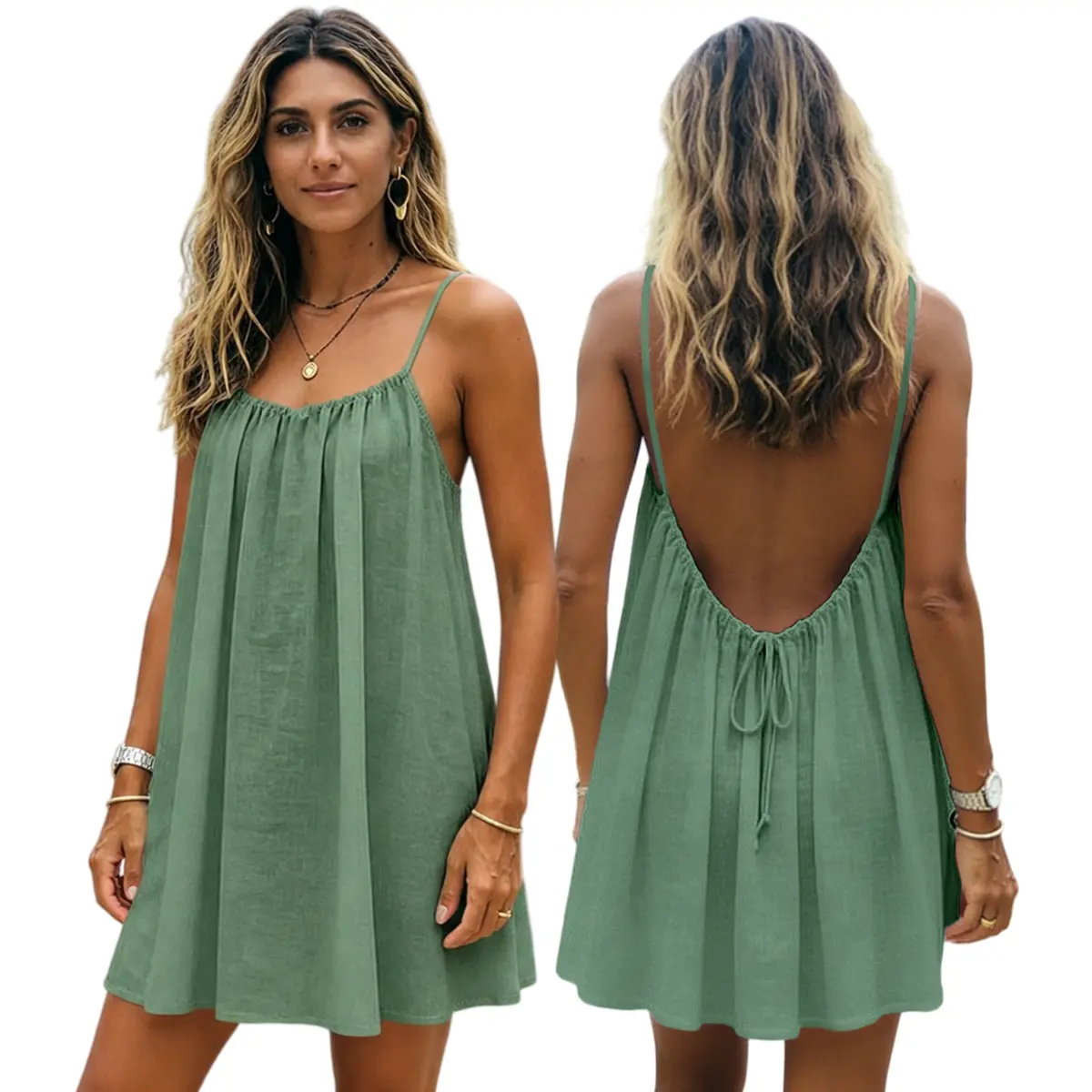 Women's Solid Fabric Backless Spaghetti Strap Cami Dress - Minimalist Casual Style Essential, Beach Wear Short Sleeveless Summer Sports Dress for Holiday Vacation, Casual Wear, Nightie