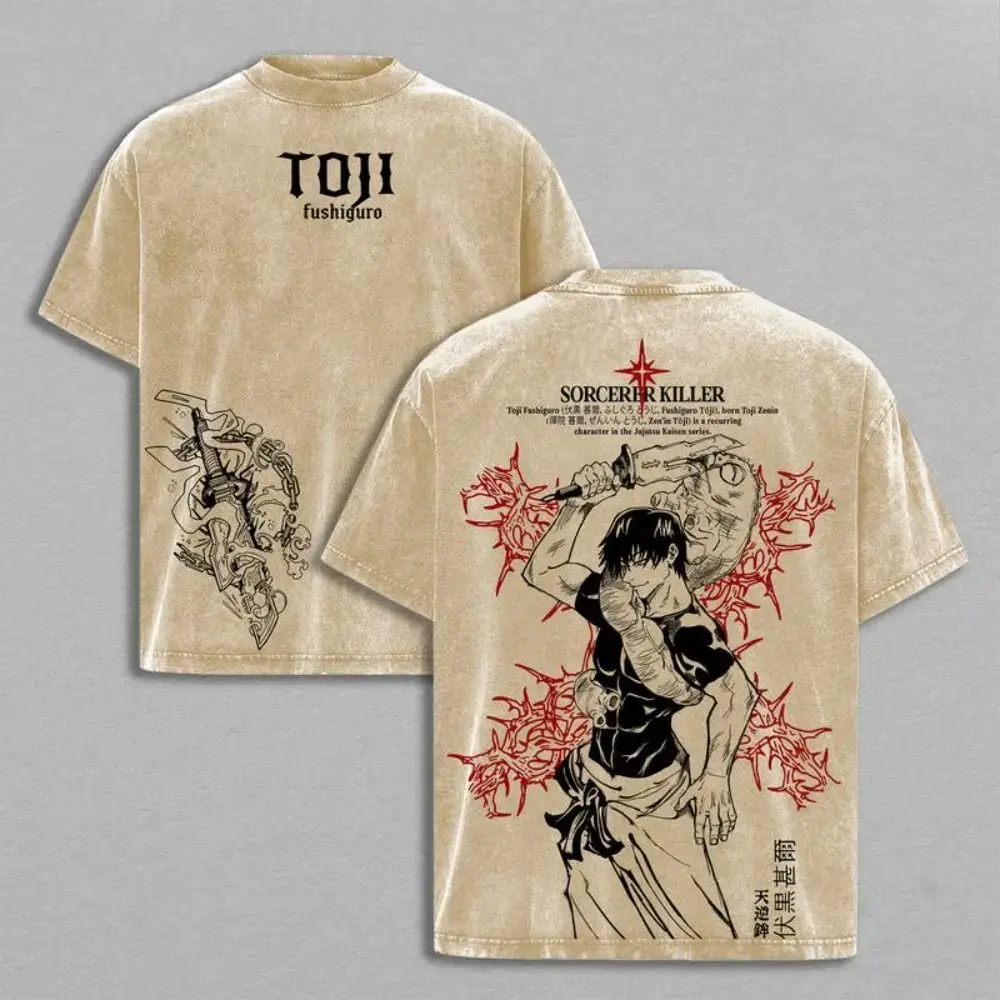 Men's Toji Fushiguro Tribute Oversized Heavy Cotton Graphic Tee - Jujutsu Kaisen Unisex Retro Streetwear with Front & Back Sorcerer Killer Print, Short Sleeve Anime Merchandise, Cotton Graphic Tees, Toji Tribute Tee