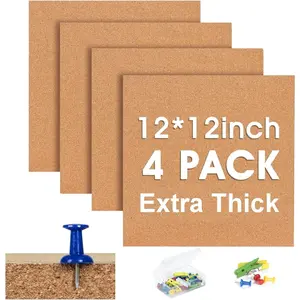 Cork Bulletin Square Board for Walls -  4 Pack Extra Thick 12x12 Inches Cork Board Tiles for  Office Decor, Cork Sheet,School Message Board Decorative Display Boards