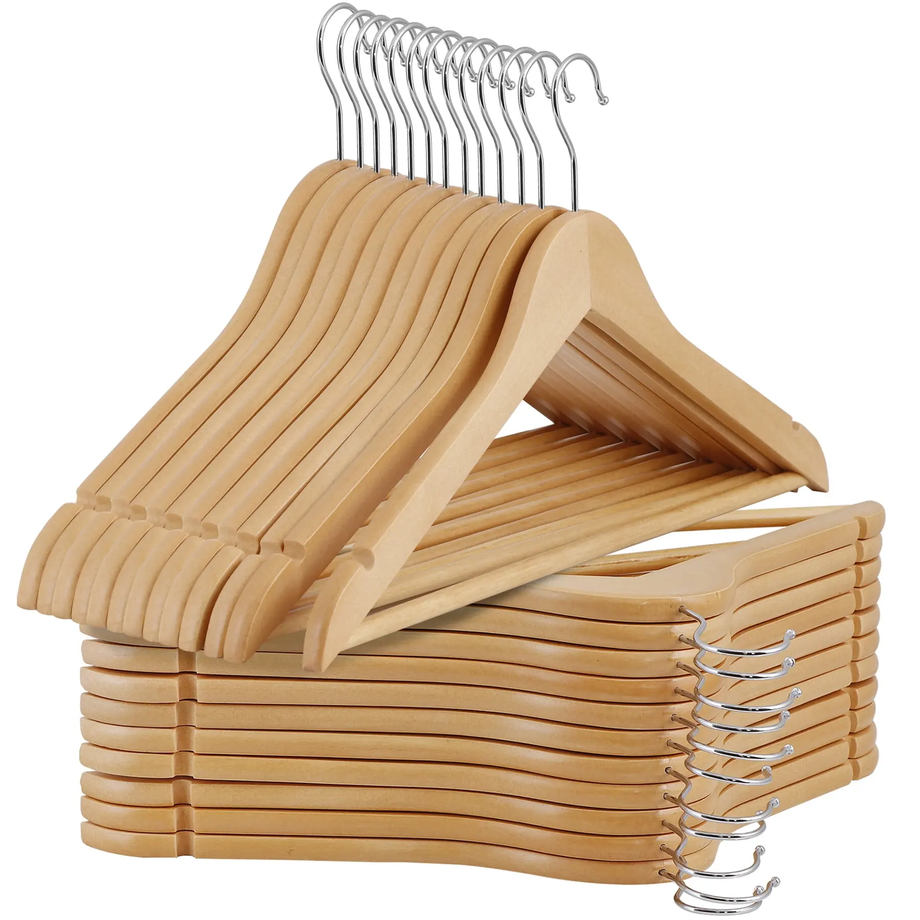 Segawe 50-Pack Damage Free Multifunctional Wooden Pants Hangers - Heavy-Duty Metal Swivel Hook, 360-Degree Hangers & Pegs, Non-Slip, Space-Saving Home Organizer Great for Home Wardrobes