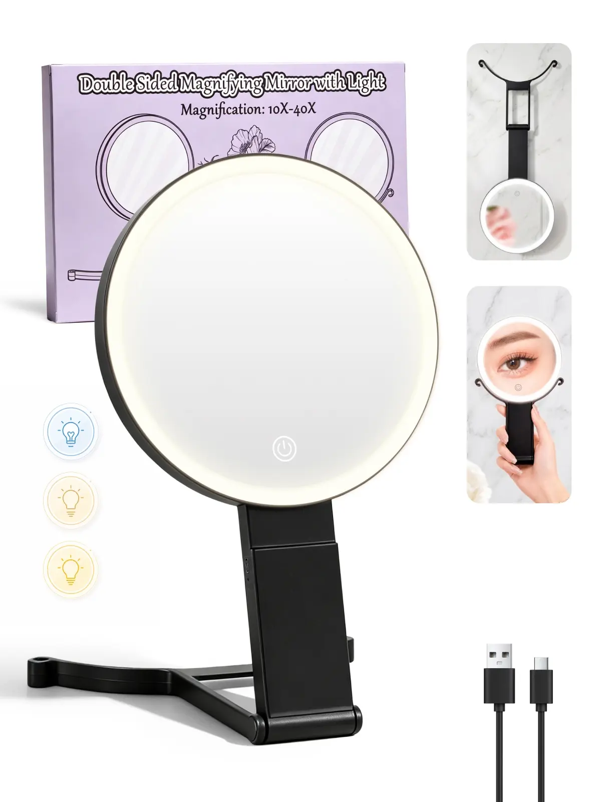 LED Portable Makeup Mirror - Adjustable, Backlight, Freestanding, Light-Emitting Handheld Mirror, 3 Light Modes, Rechargeable, Travel Cosmetic Bag Essential for On-the-Go Touch-Ups, Adjustable Handheld Mirrors, Backlight Handheld Mirrors