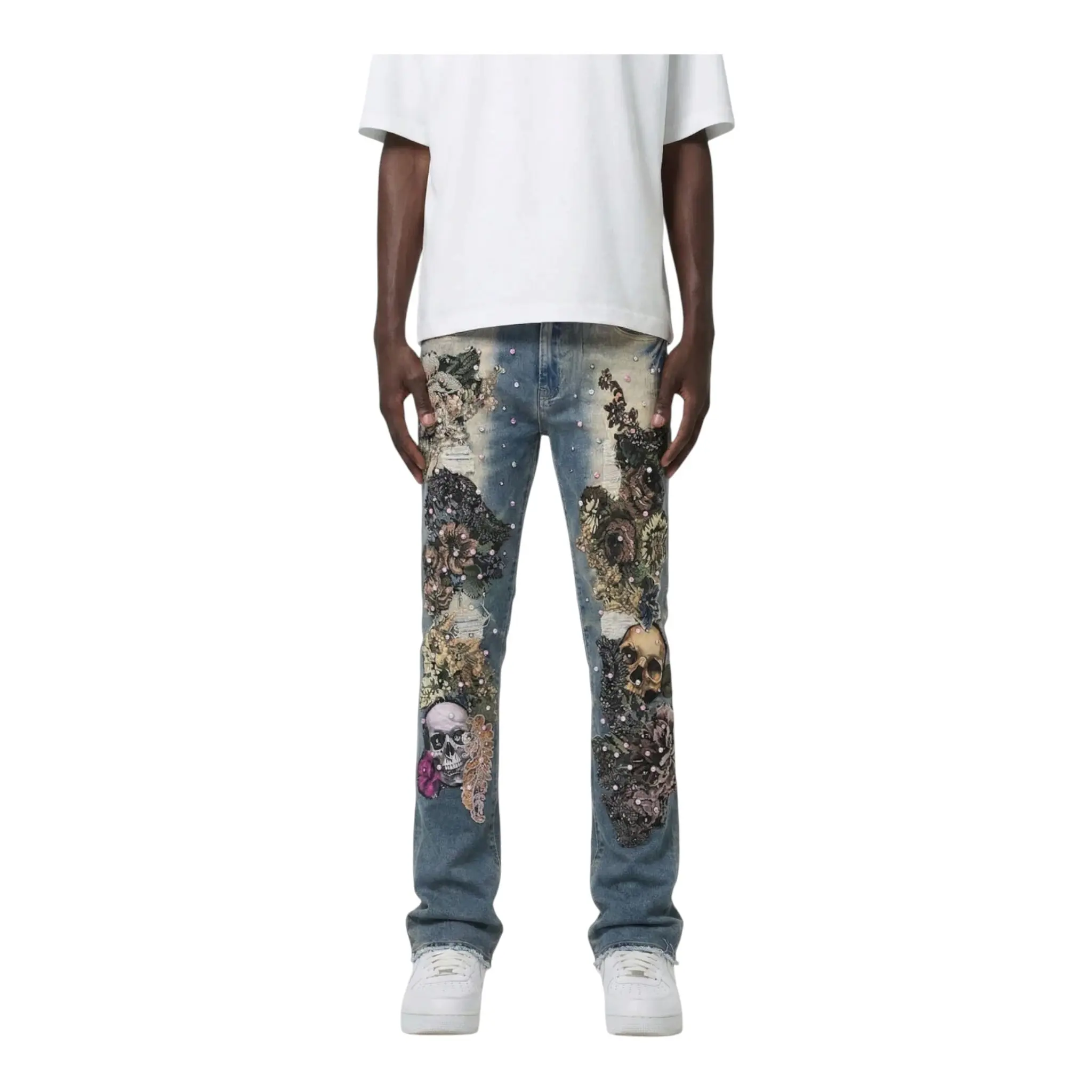 M8597D - Floral Embroidery & Skull with Multicolor Studs Stacked Flare Jeans