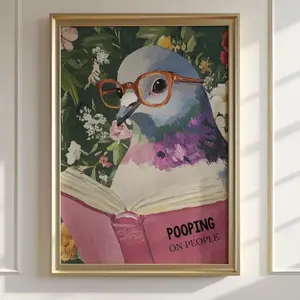 Humorous Pigeon Reading Bathroom Art Print: Quirky Home Decor for Wall, Cheeky Animal Poster