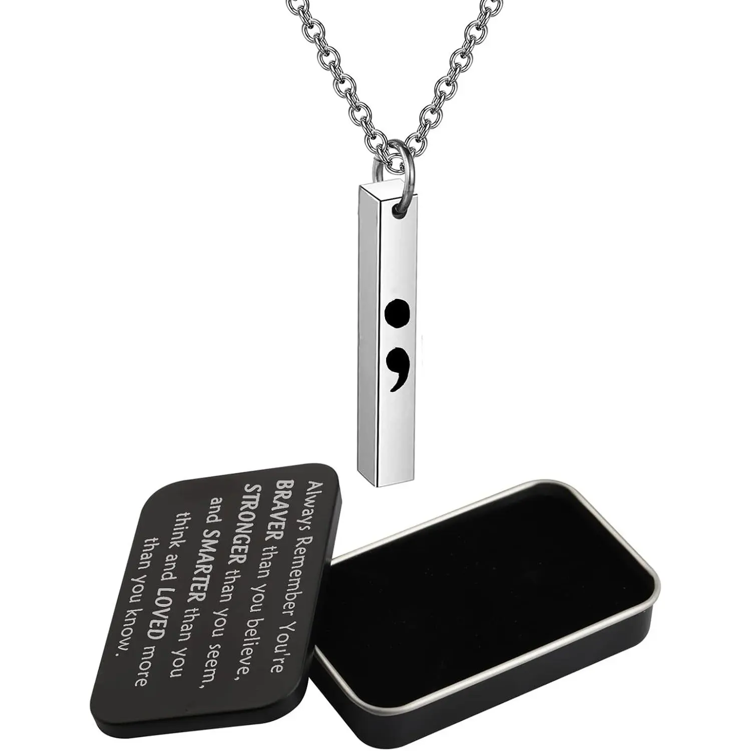 Stainless Steel Semicolon Bar Necklace for Women, Inspirational Mental Health Awareness Jewelry, Encouraging Gift for Depression and Anxiety Support