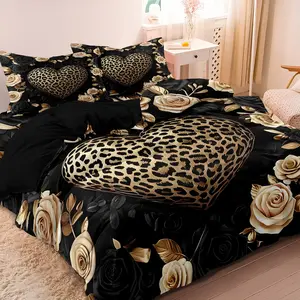 3pc leopard print, heart, and rose print bedding set is a Valentine's Day couple's duvet cover set, including one duvet cover and two pillowcases. It's a great gift for friends and suitable for single and double beds, perfect for bedrooms and dormitories